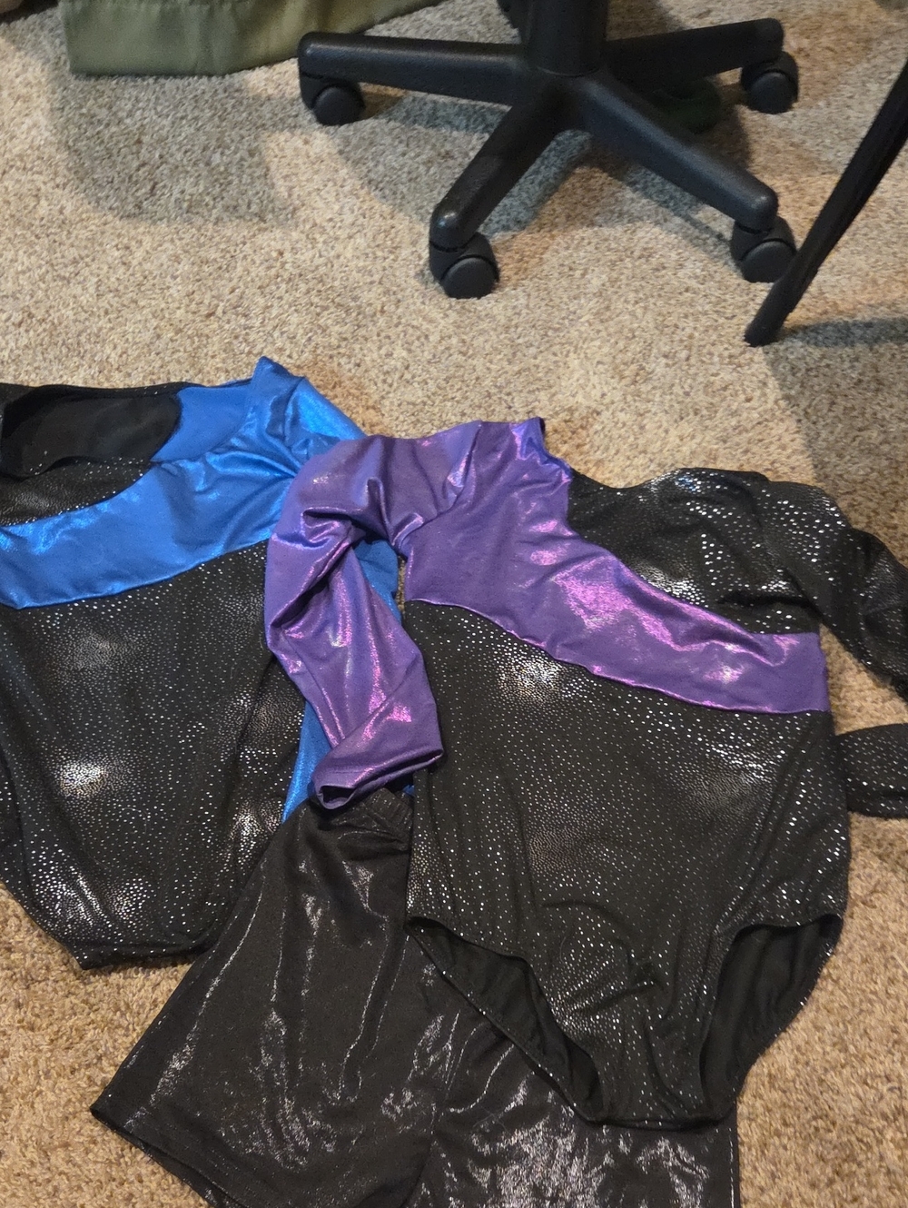 Shiny Black Metallic Leotards with Blue and Purple Accents